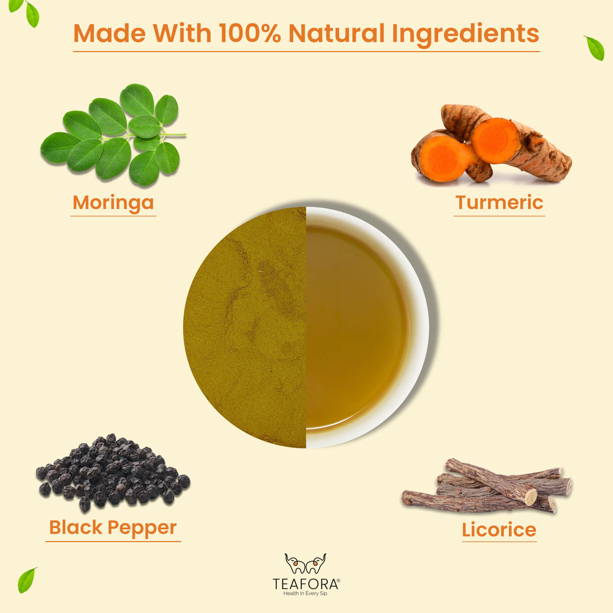 TEAFORA Turmeric Moringa Latte | Blend of Indian Superfoods Turmeric, Moringa, Licorice & Black Pepper | Supports Immunity | 100% NATURAL INGREDIENTS | Grocsy