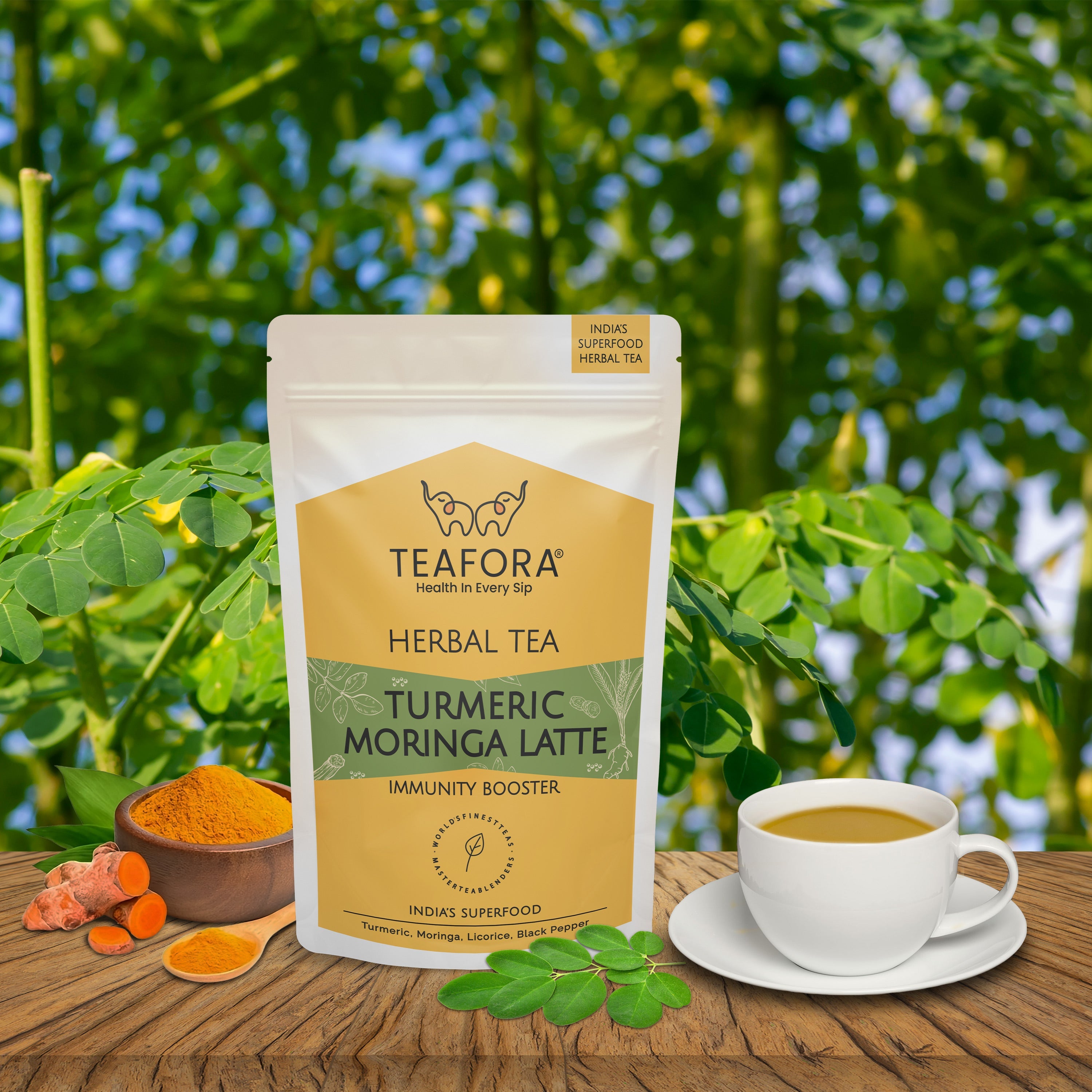 TEAFORA Turmeric Moringa Latte | Blend of Indian Superfoods Turmeric, Moringa, Licorice & Black Pepper | Supports Immunity | 100% NATURAL INGREDIENTS | Grocsy
