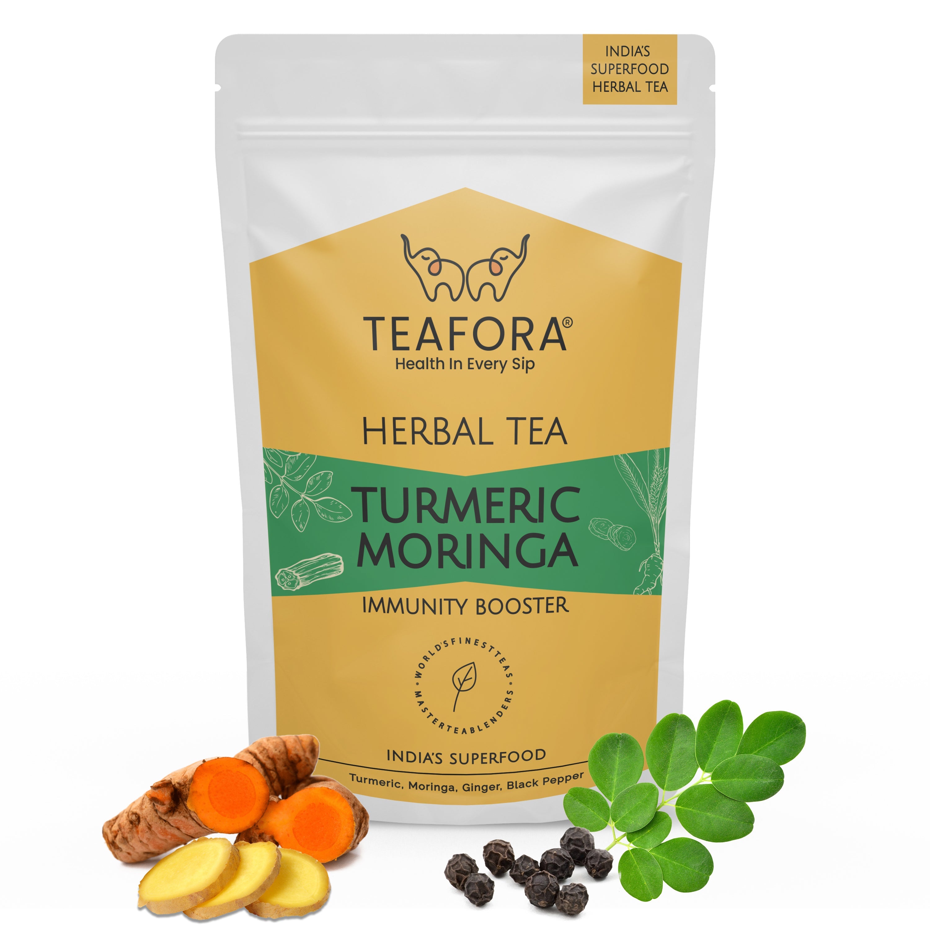 TEAFORA Turmeric Moringa Herbal Tea | Blend of Indian Superfoods Turmeric, Moringa, Ginger & Black Pepper | Supports Immunity | 100% NATURAL INGREDIENTS | Grocsy