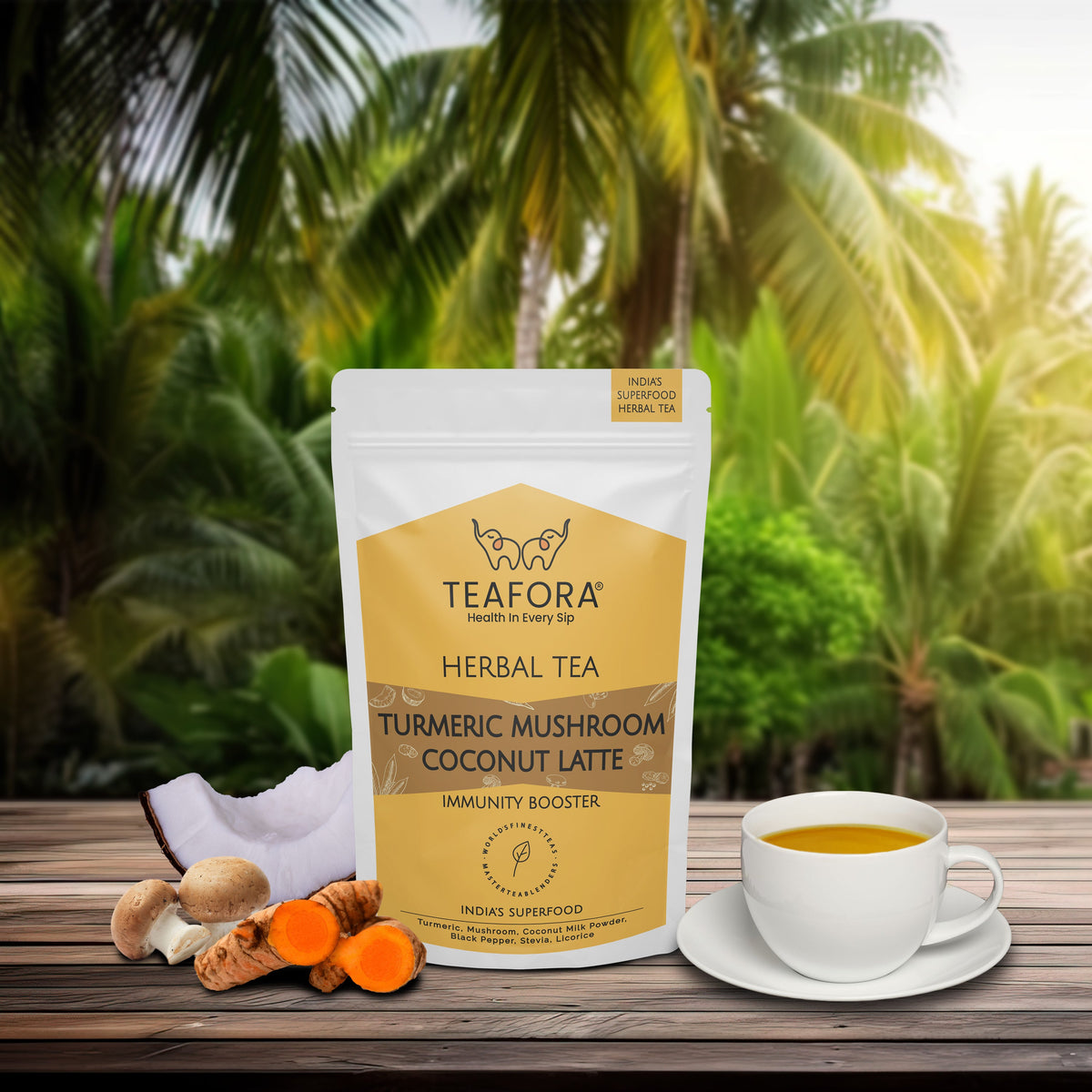 TEAFORA Turmeric Mushroom Coconut Latte | Caffeine-Free, Immunity-Boosting Herbal Tea Latte with Turmeric & Reishi Mushroom | 100% NATURAL INGREDIENTS | Grocsy