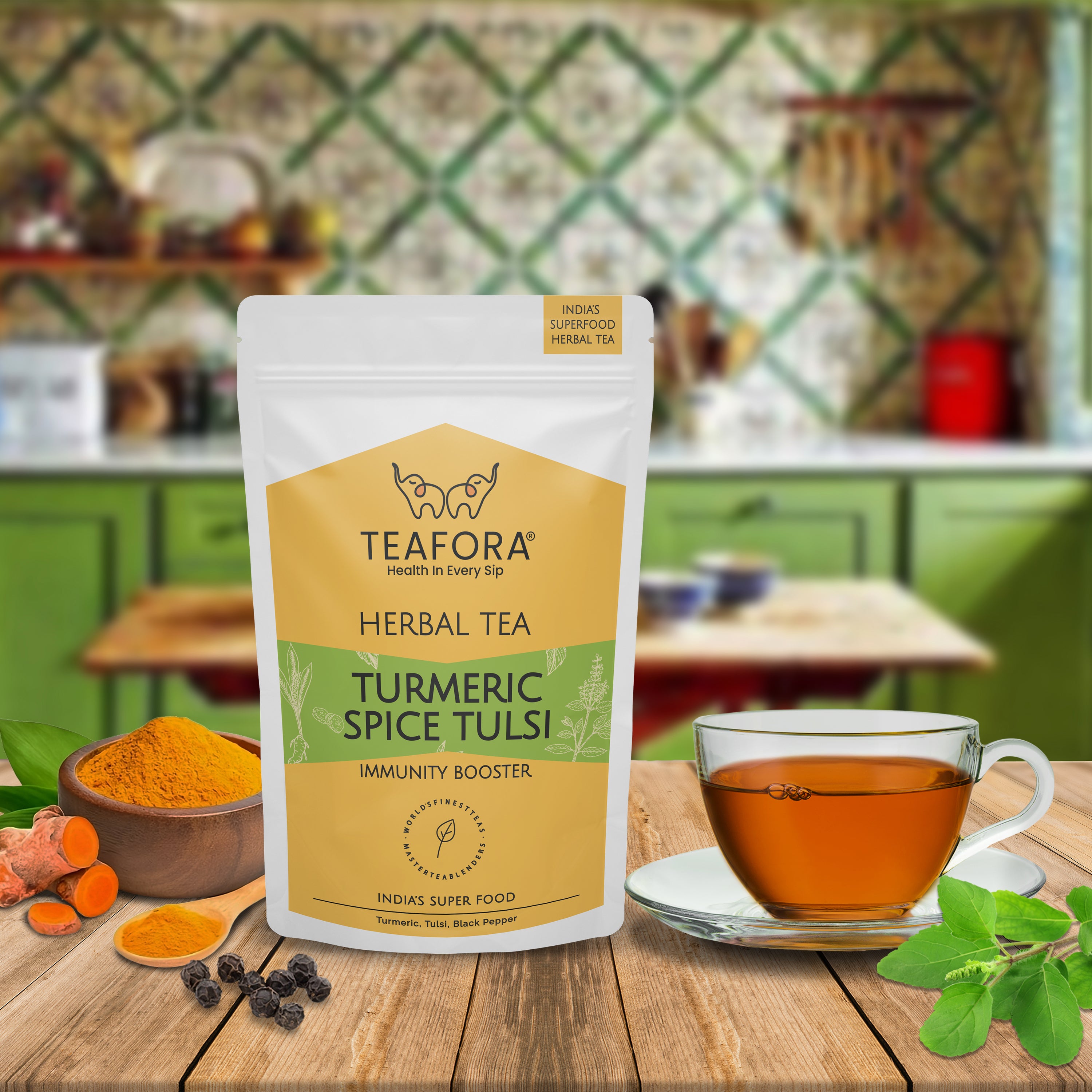 TEAFORA Turmeric Spice Tulsi Herbal Tea | Immunity Booster | Blend of Indian Superfoods Turmeric, Tulsi & Black Pepper | 100% NATURAL INGREDIENTS | Grocsy