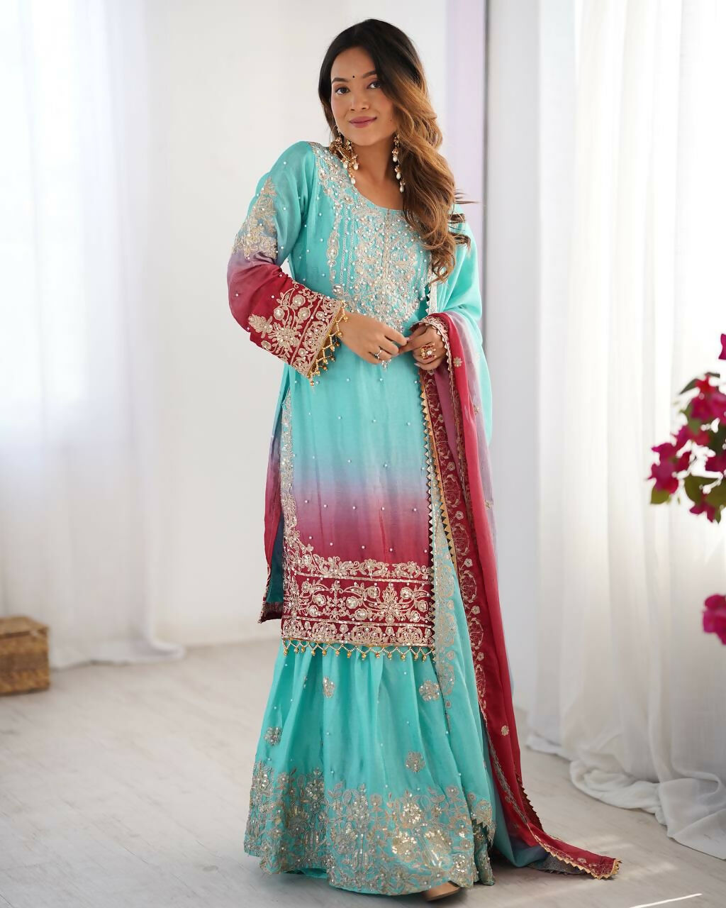 The52 Women's Beautiful Chinon silk Fabric Embroidery Work Straight Kurta Palazzo and Dupatta Set | Grocsy