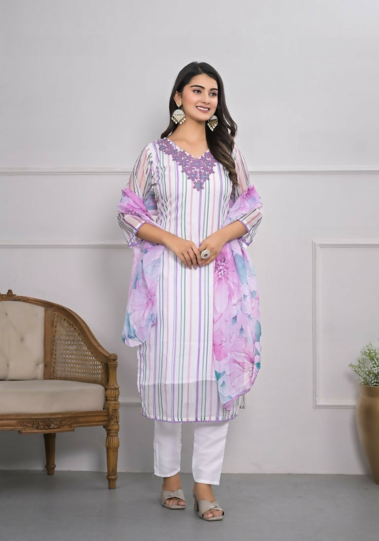 White Viscose Silk Embroidery with Thread and sequence Stitched Suit With Dupatta - Tanisha | Grocsy