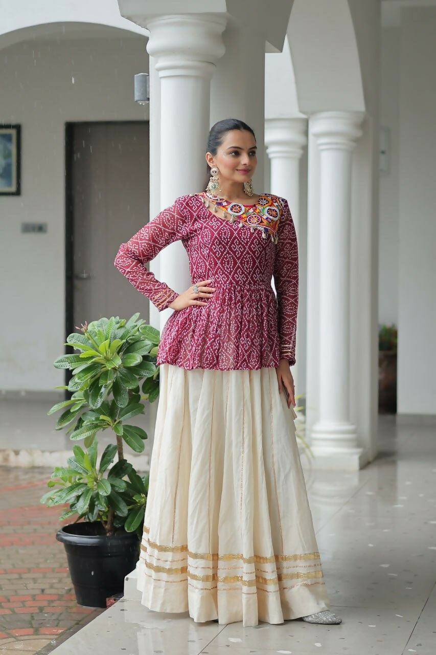Teeya Creation Wine And White Colour Cotton Printed Navratri Lehenga Choli | Grocsy