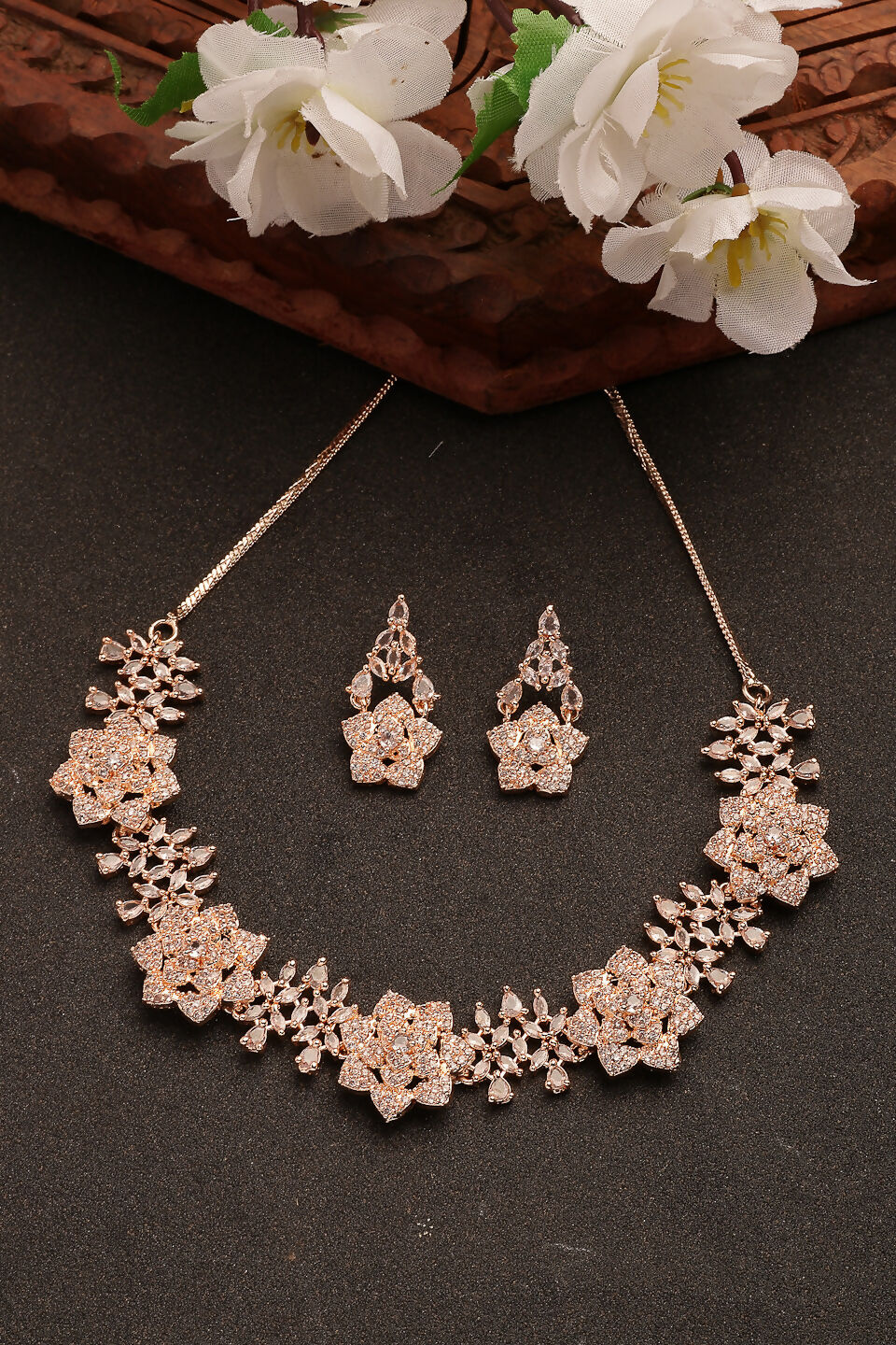 NVR Women's Rose Gold-Polished American Diamond-Studded Handcrafted Jewellery Set | Grocsy