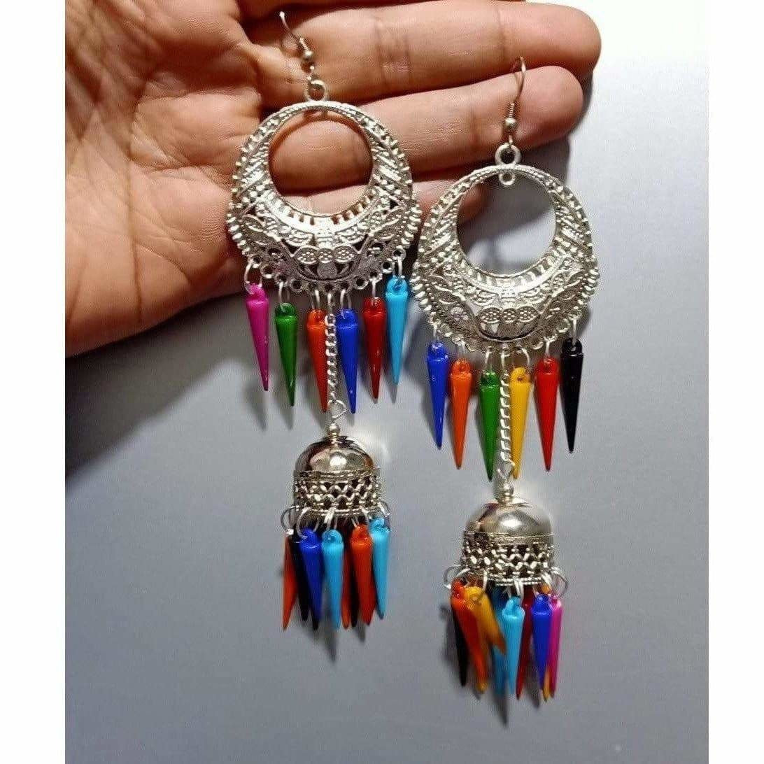 MS Fashion India Half Moon Style Silver Earrings With Hanging Chain Jhumka Multicolor Pearls Earrings | Grocsy