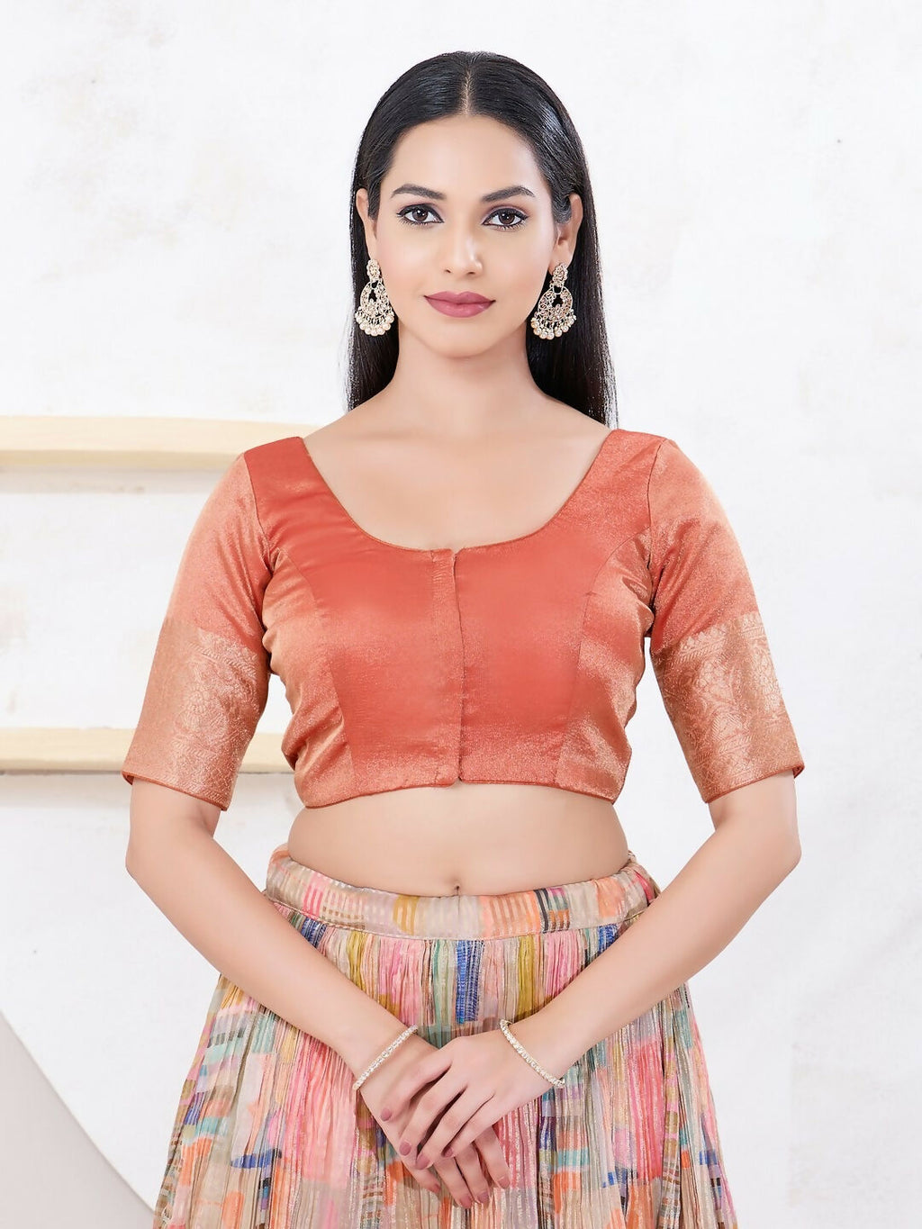 Joban Fashion Copper Brocade Elbow Sleeveless Front Open Blouse | Grocsy