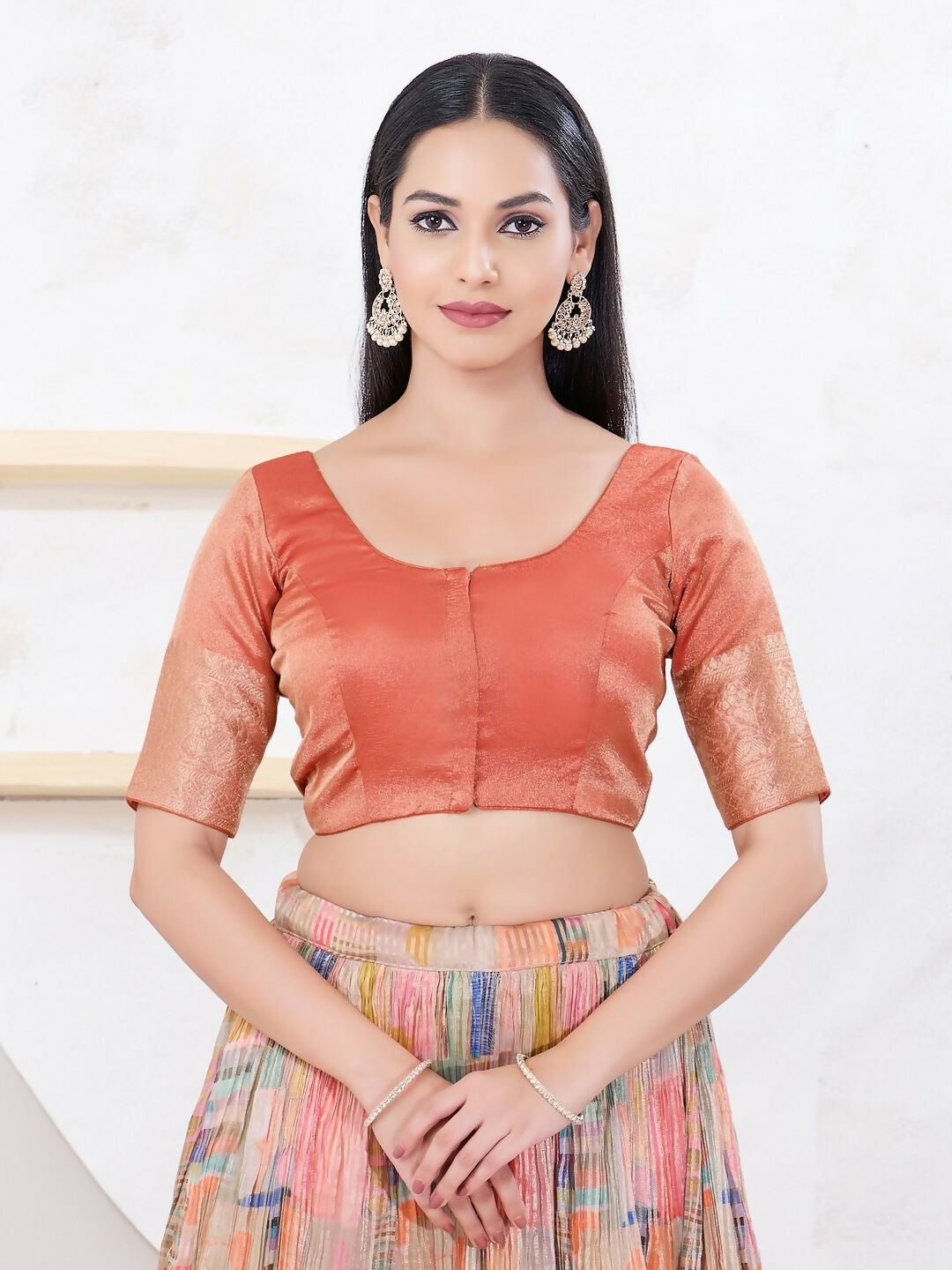 Joban Fashion Copper Brocade Elbow Sleeveless Front Open Blouse | Grocsy