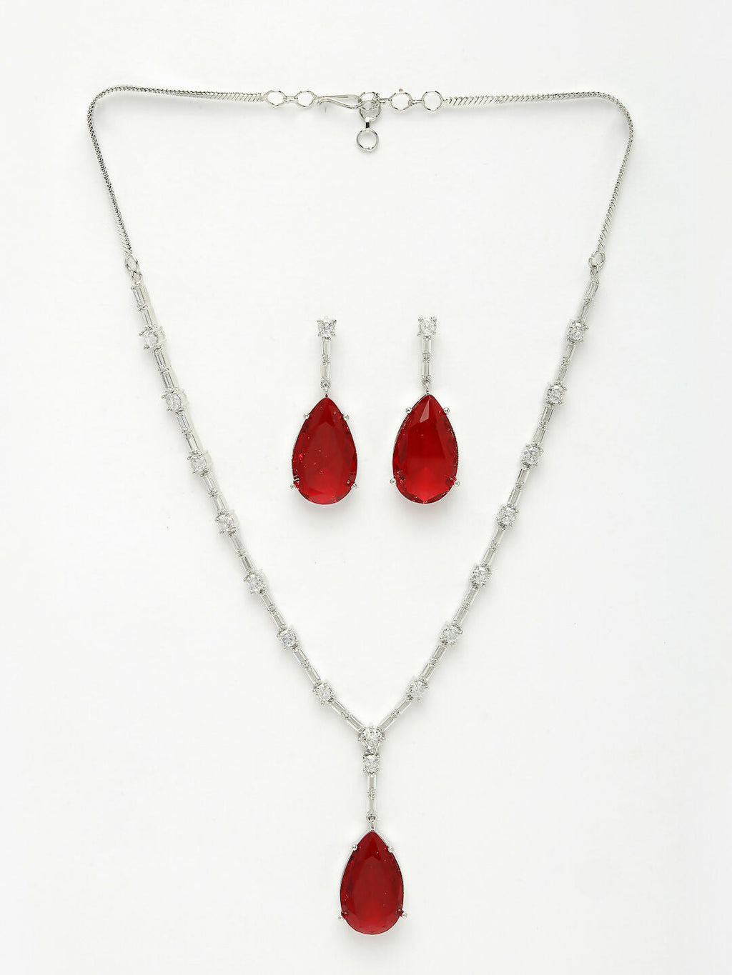 NVR Women's Silver-Plated Red Artificial Stones Studded Handcrafted Jewellery Set | Grocsy