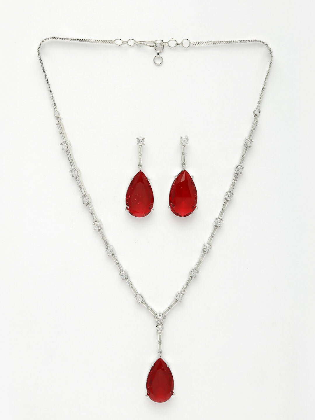 NVR Women's Silver-Plated Red Artificial Stones Studded Handcrafted Jewellery Set | Grocsy