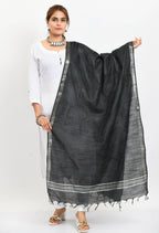 Mominos Fashion Moeza Women's Linen Cotton Silver Border Black Dupatta | Grocsy