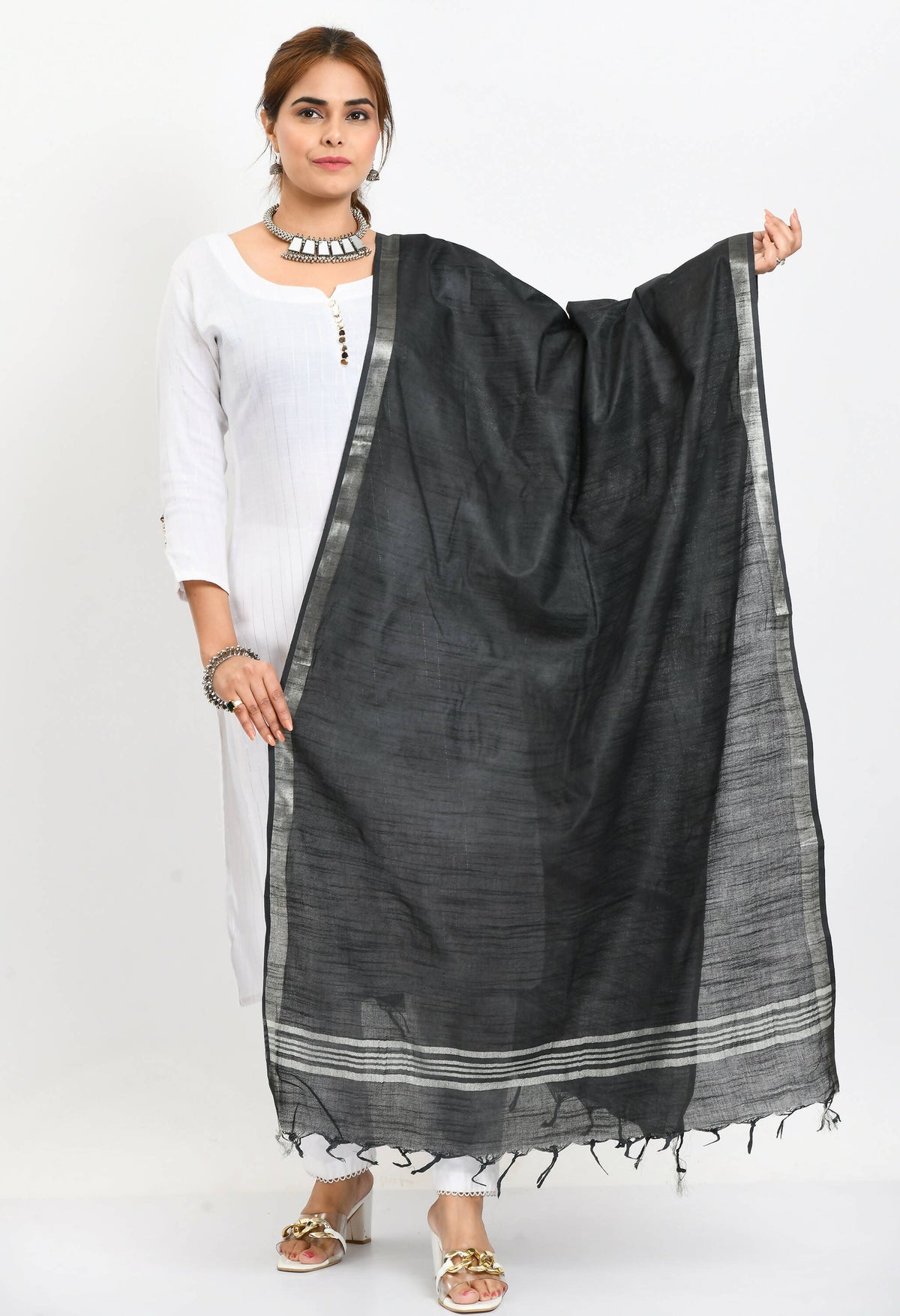 Mominos Fashion Moeza Women's Linen Cotton Silver Border Black Dupatta | Grocsy