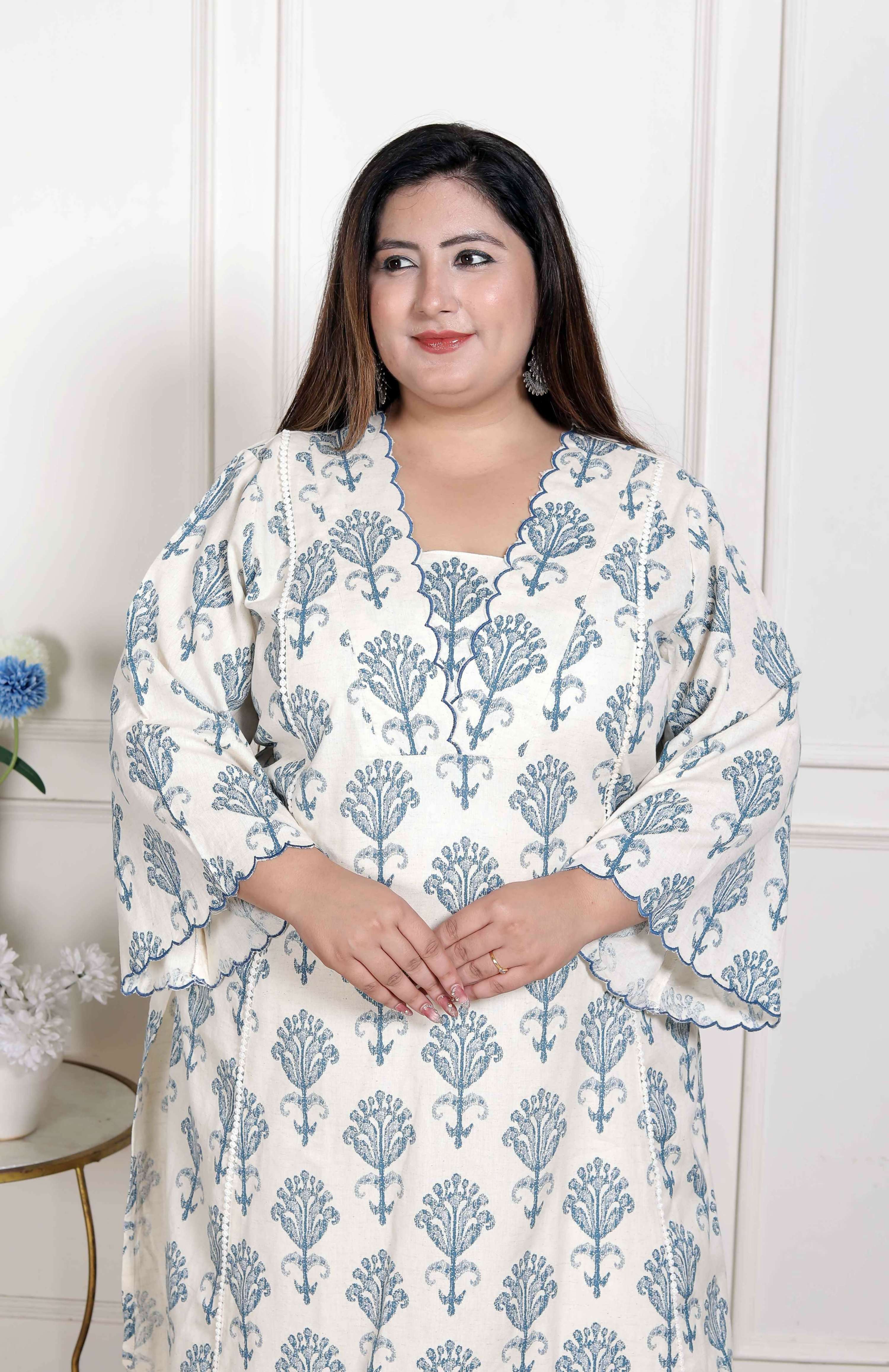 Miravan Women's Plus Size Off White Floral Printed Cotton Flex Kurta with Pant | Grocsy