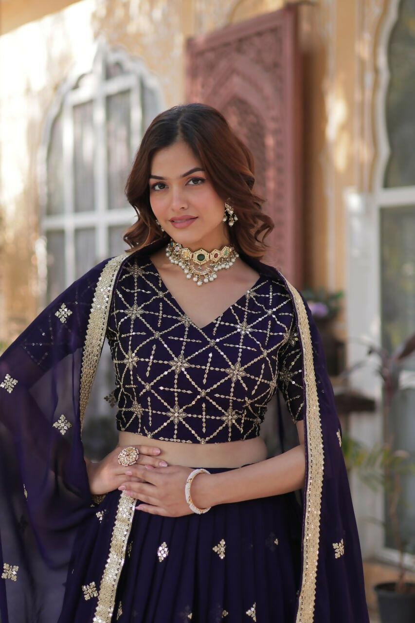 Vastranavya Designer Heavy Sequins & Thread Embroidered work Lehenga Choli - Purple | Grocsy