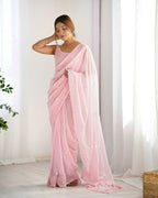 Attractive Looking Georgette Thread, Sequance Embroidery Work Party Wear Saree - Pink | Grocsy