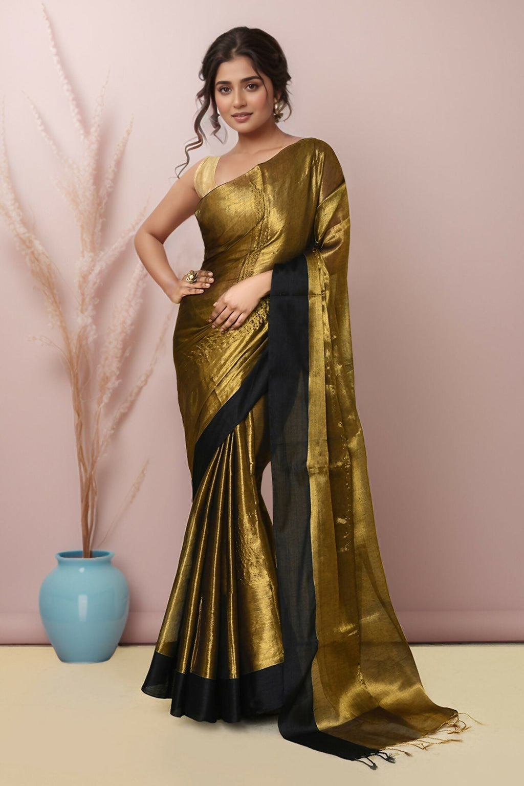 Joban Fashion Gold Black Tissue Saree | Grocsy
