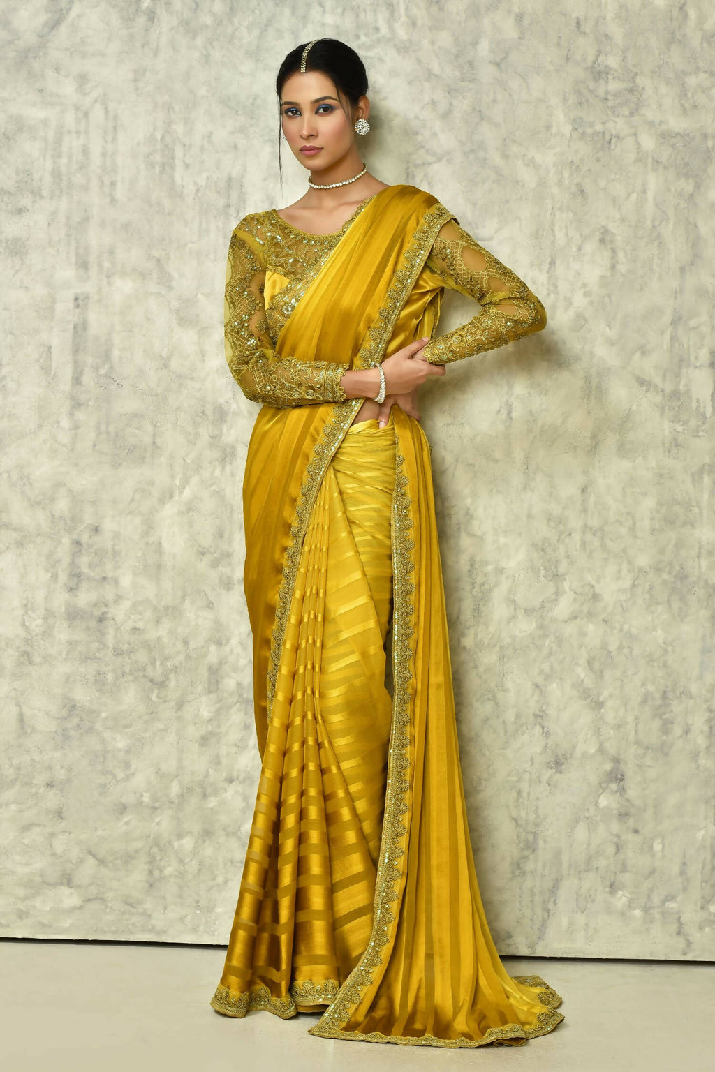 Mustard Silk Solid Designer Saree with Blouse - Purvi | Grocsy