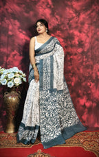 Exclusive Collection Beautiful Batique Print Black Pure Cotton Hand Print Handloom Saree With Running Blouse Piece | Grocsy