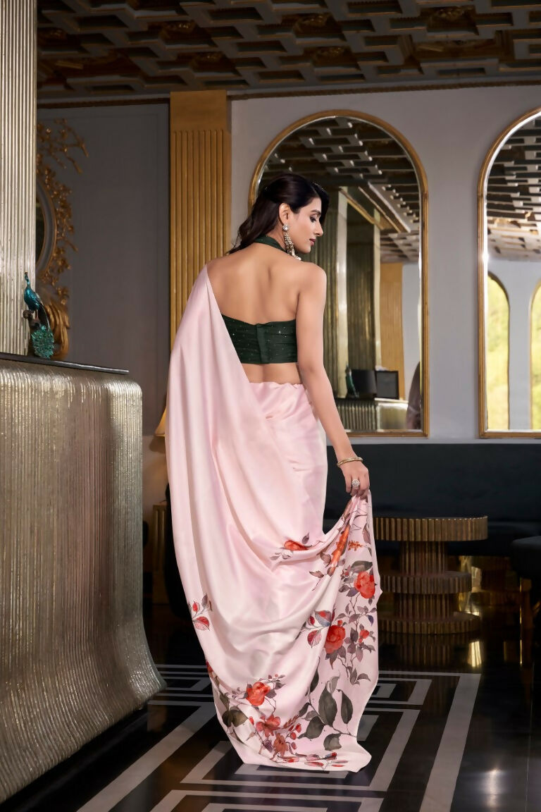Vastranavya Off White Satin Silk Printed Saree with Hotfix Work Unstitched Blouse | Grocsy