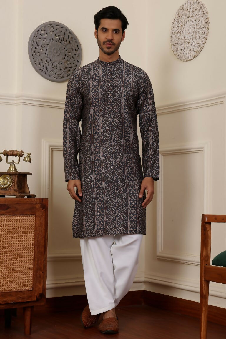 Blue Modal Silk Woven Designer Men's Rajwadi Kurta Set - Mahotsav | Grocsy