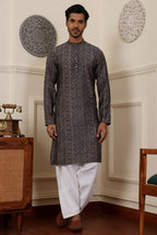 Blue Modal Silk Woven Designer Men's Rajwadi Kurta Set - Mahotsav | Grocsy