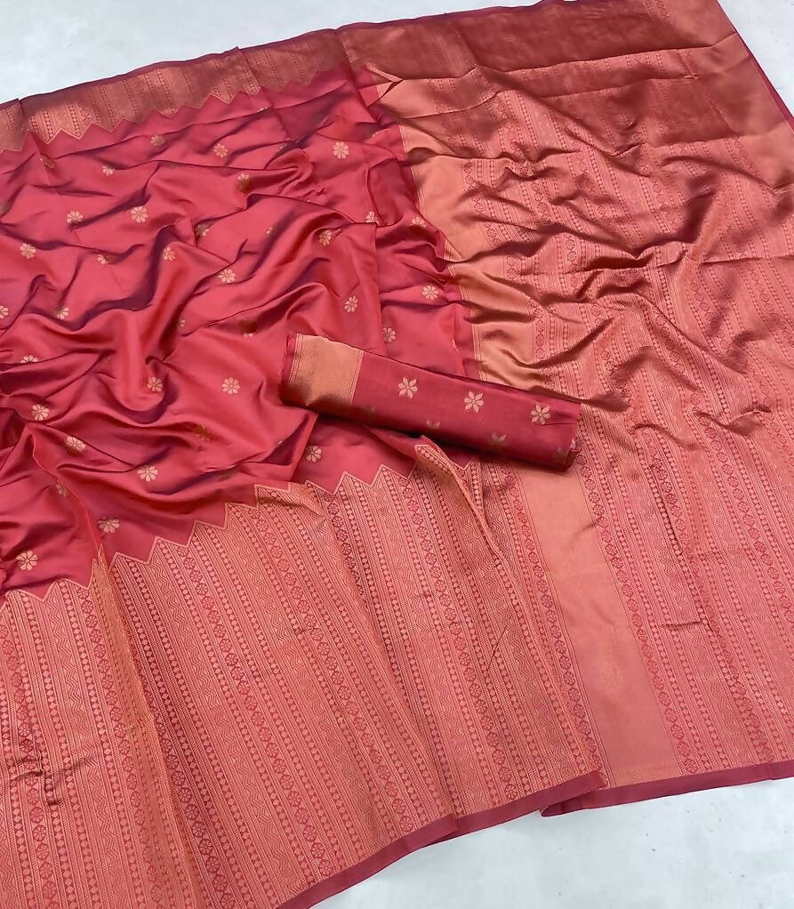 DEIANA'S Beautiful Designer Golden zari Soft Lichi Silk Saree - Red | Grocsy