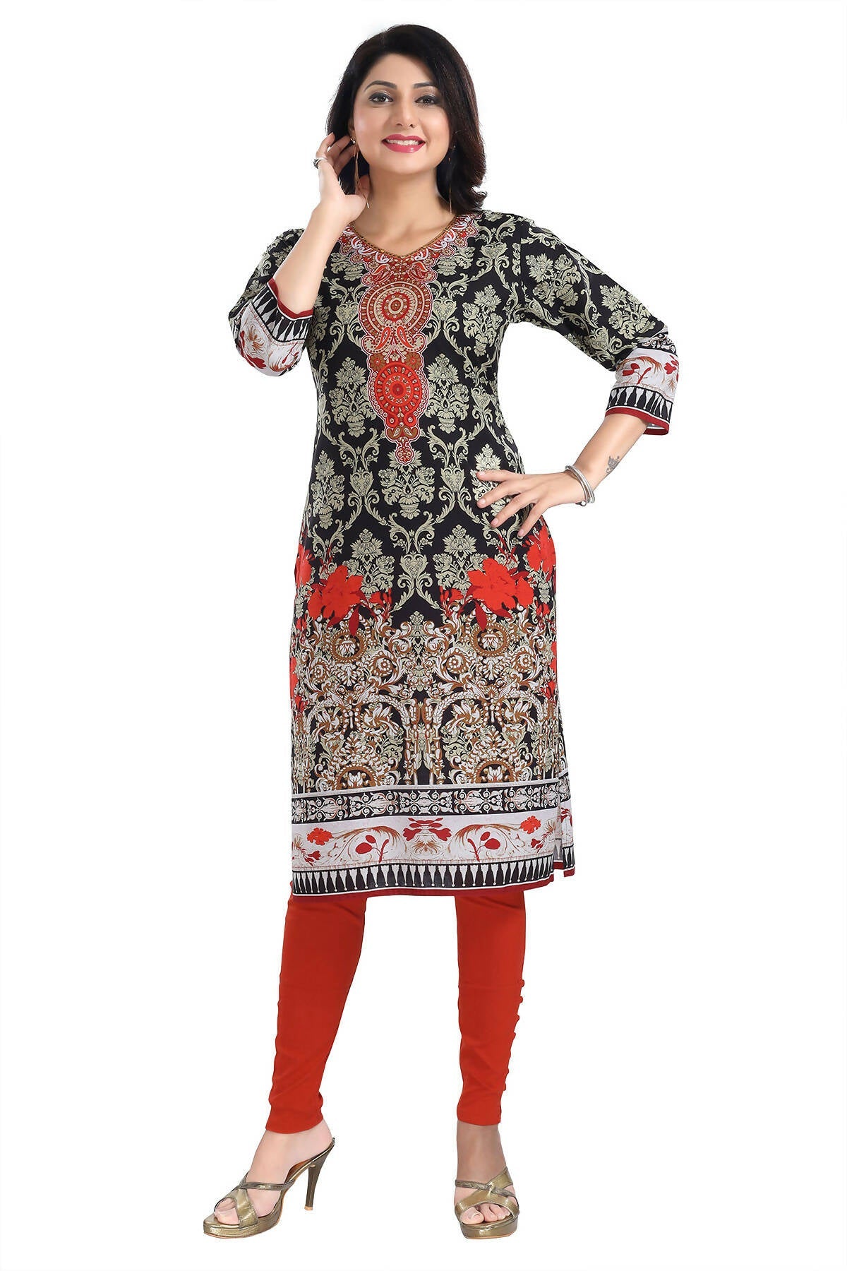 Snehal Creations Deep Black Designer Digital Print Cotton Slub Fabric Long Kurti Tunic | Grocsy