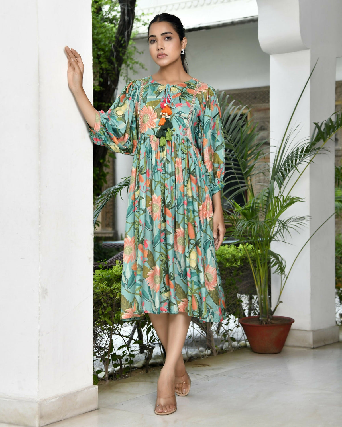 Vaasva Women's Teal Musline Viscose Digital Printed Dress | Grocsy