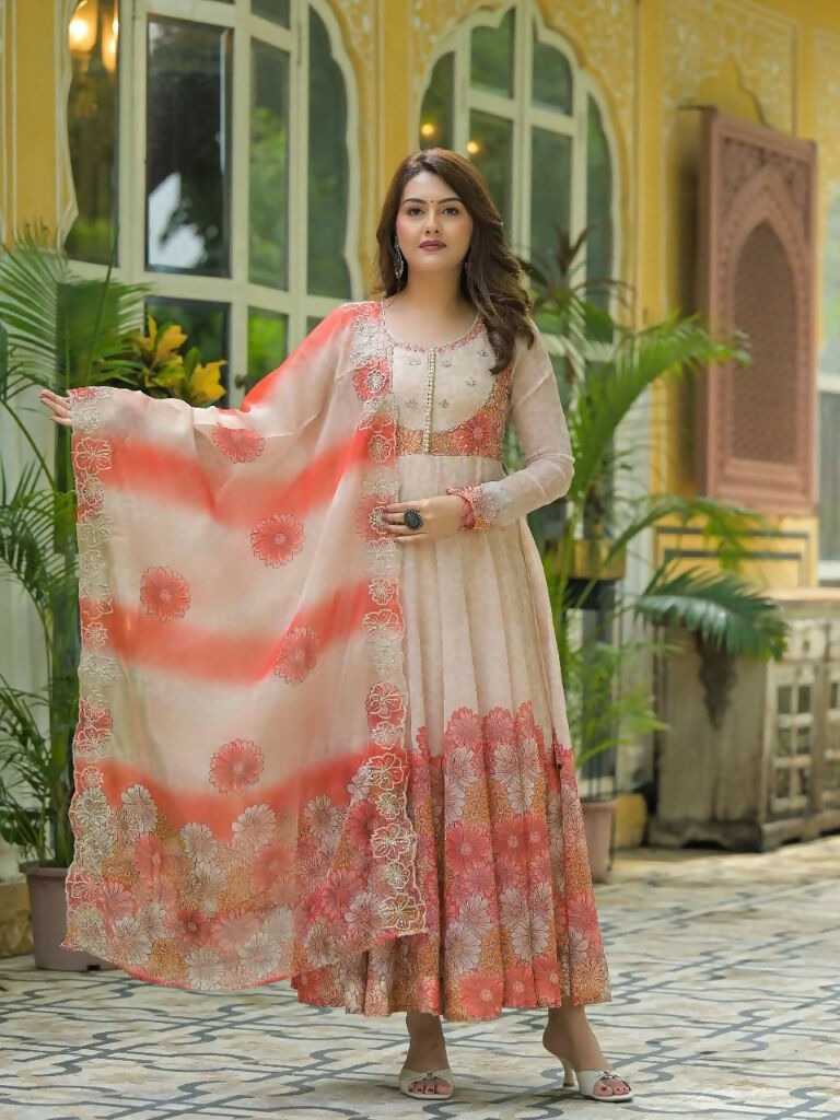 Teeya Creation Multi Color Organza Silk With Digital print With Embroidery Gown | Grocsy