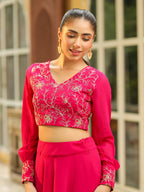 Janasya Pink Georgette Embroidered Top & Skirt | Grocsy