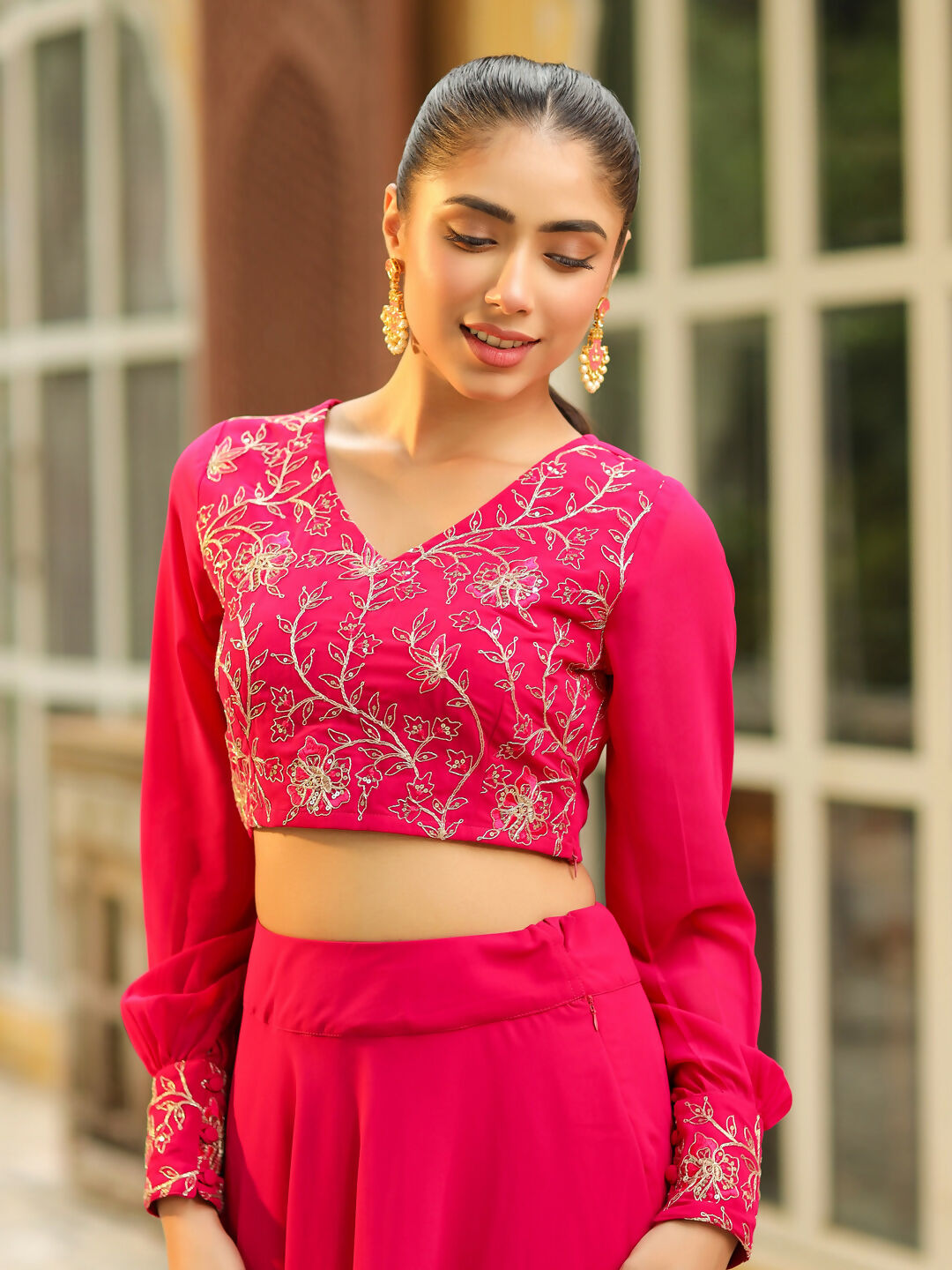 Janasya Pink Georgette Embroidered Top & Skirt | Grocsy