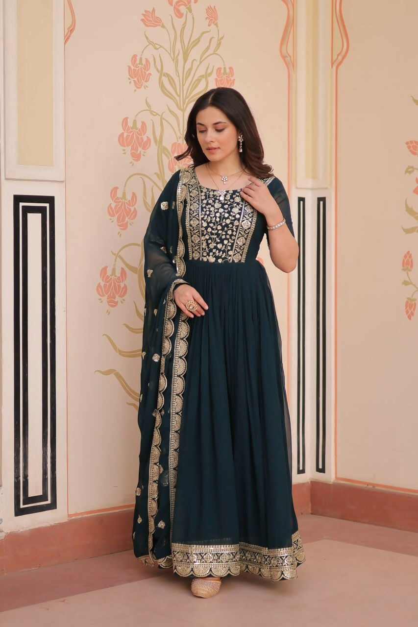 Teeya Creation Rama Color Faux Georgette Embroidery Work Wedding Wear Long Gown | Grocsy