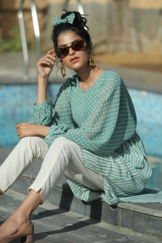 Juniper Women Sagegreen Georgette Bandhani High-Low Tunic | Grocsy