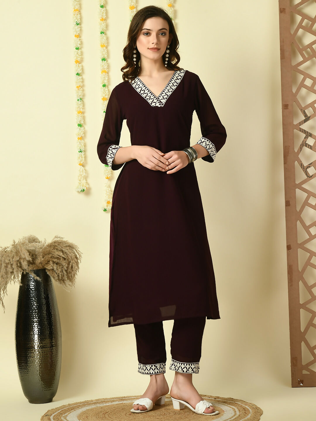 Myshka Women's Coffee Brown Georgette Kurta With Trousers Party Sets | Grocsy
