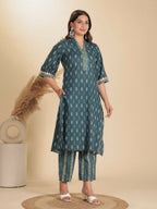 Aramya Blue Soft Cotton Block Print Straight Kurta Set for Women | Grocsy