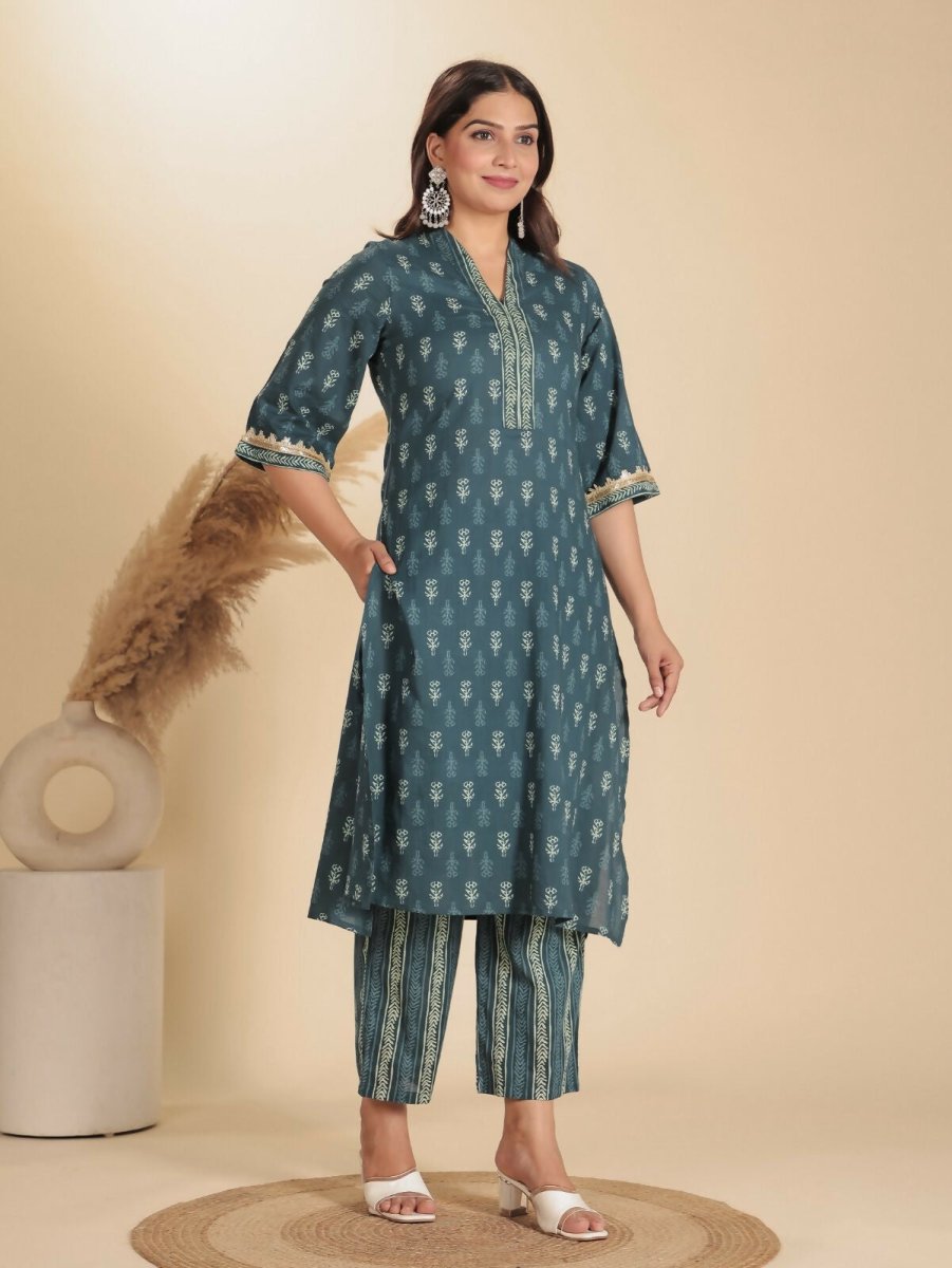 Aramya Blue Soft Cotton Block Print Straight Kurta Set for Women | Grocsy