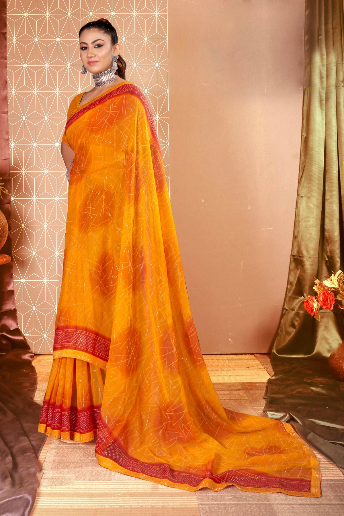 Mustard Chiffon Abstract Printed Saree With Unstitched Blouse Piece - Rajal | Grocsy