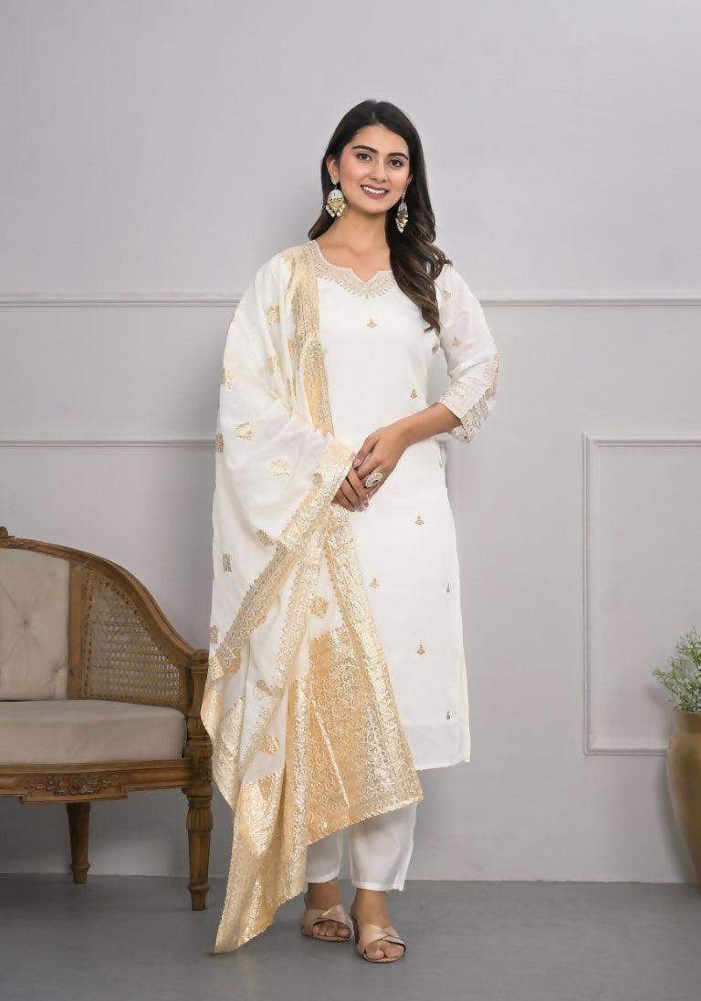 White Viscose Silk Embroidery with Thread and sequence Stitched Suit With Dupatta - Tanisha | Grocsy