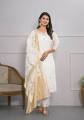 White Viscose Silk Embroidery with Thread and sequence Stitched Suit With Dupatta - Tanisha | Grocsy