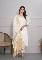 White Viscose Silk Embroidery with Thread and sequence Stitched Suit With Dupatta - Tanisha | Grocsy