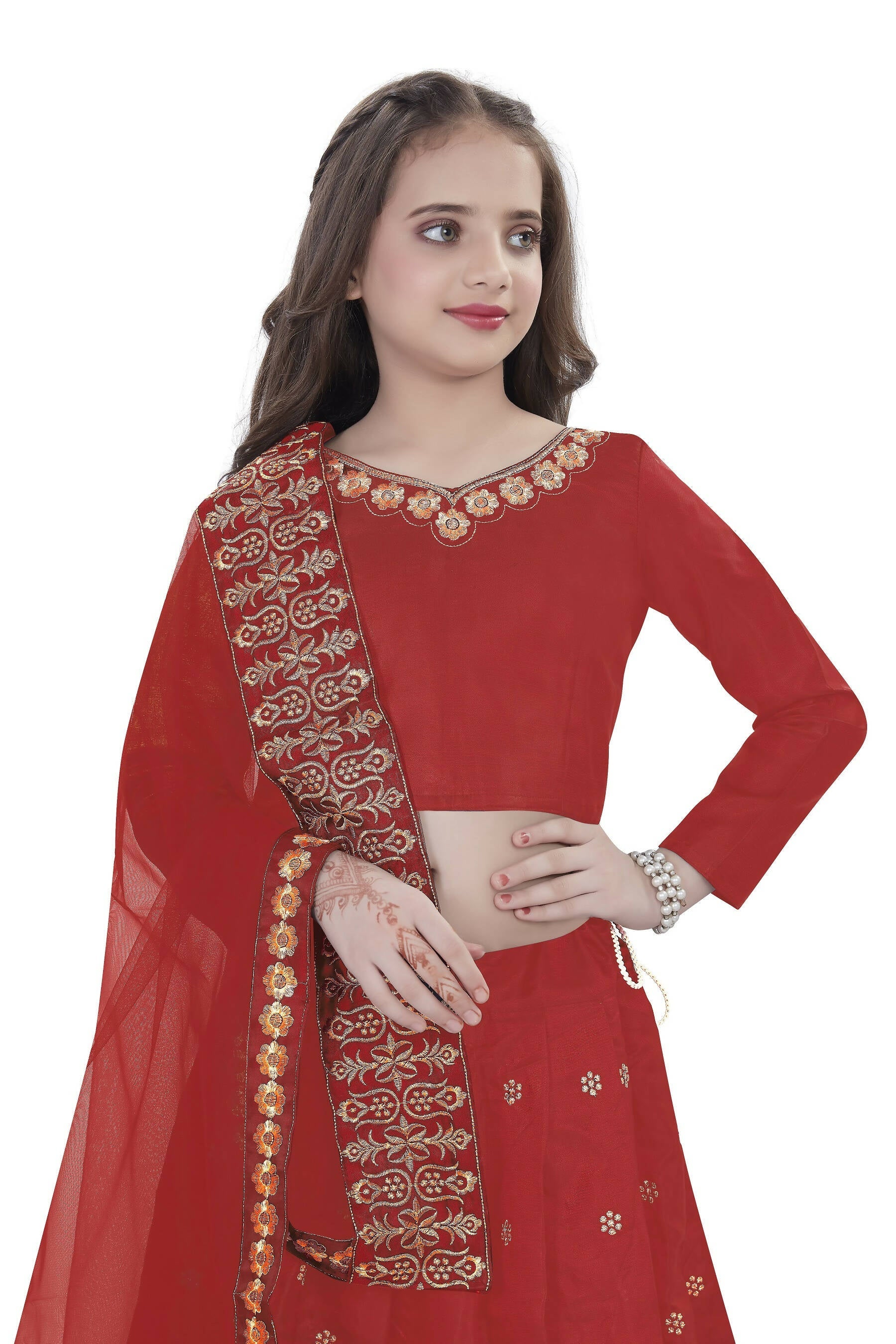 Dwiden Red Queen Tafetta Sattin Semi-Stitched Girl's Lehenga Choli | Grocsy