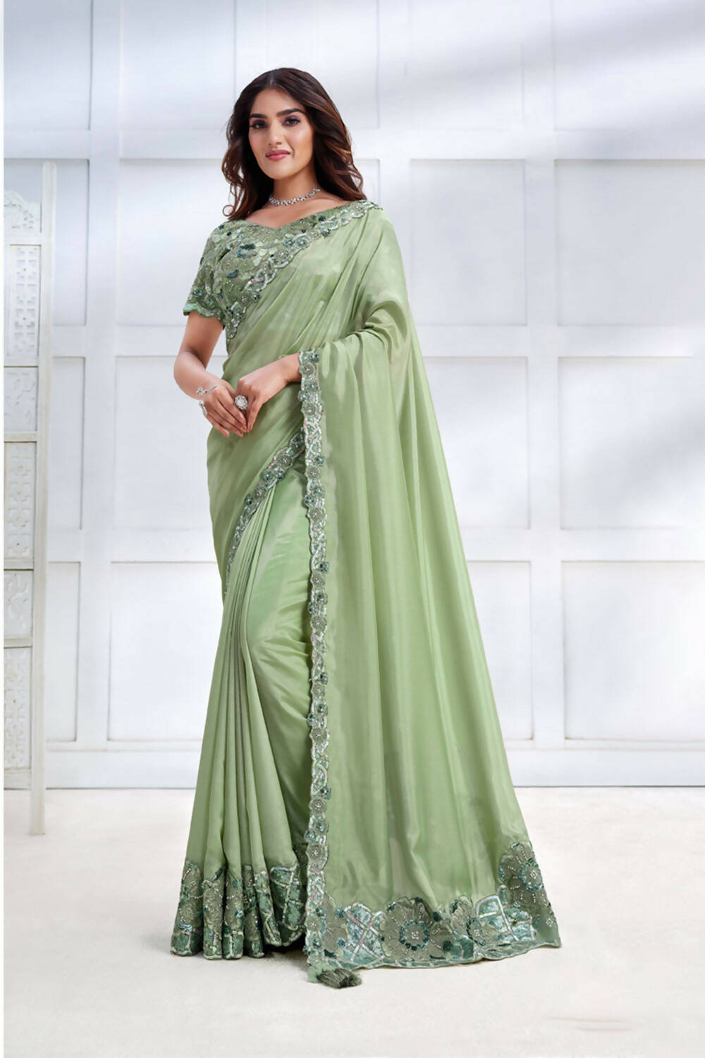 Pista Green Tusser Silk Cord & Sequence Embroidered with Stone work Saree - Mohmanthan Majestica | Grocsy