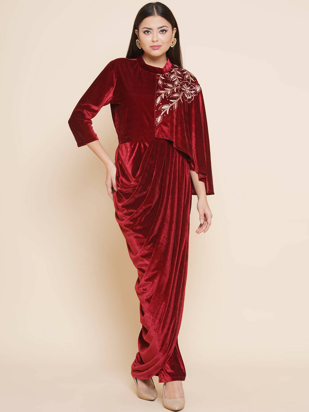 Women Republic Maroon Velvet Drape Styel Gown | Grocsy