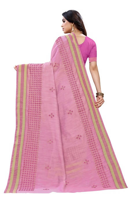 Vamika Embroidery Pink Chanderi Saree (MINI CHECKS BLUE) | Grocsy