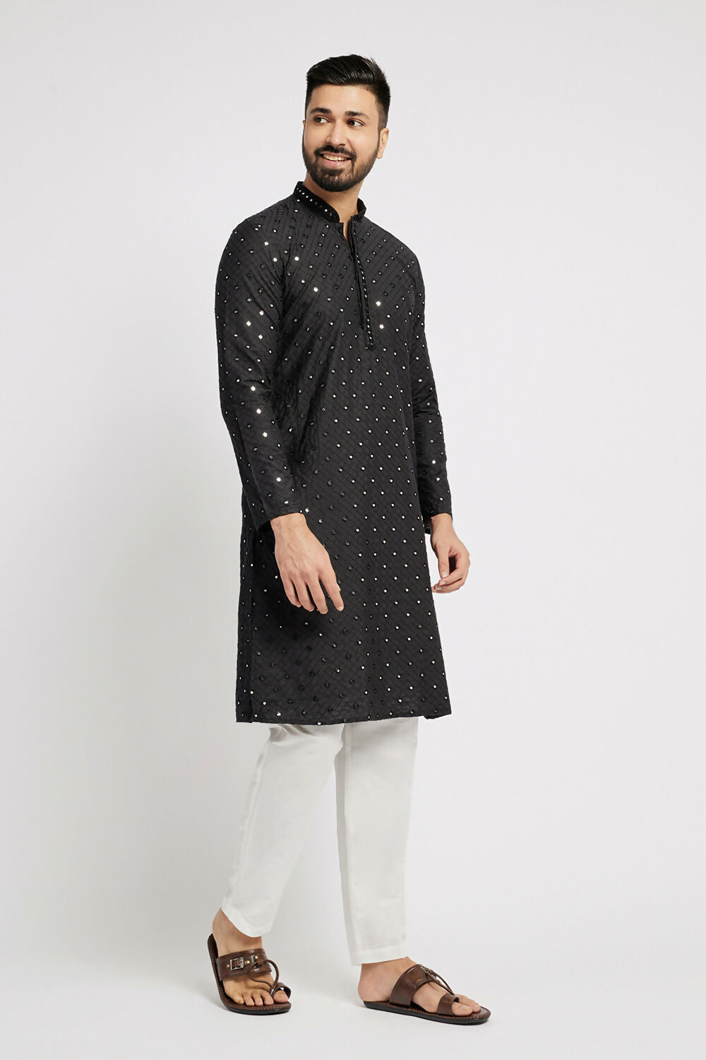 Ethnic India Black Men's Kurta Embellished Cotton | Grocsy
