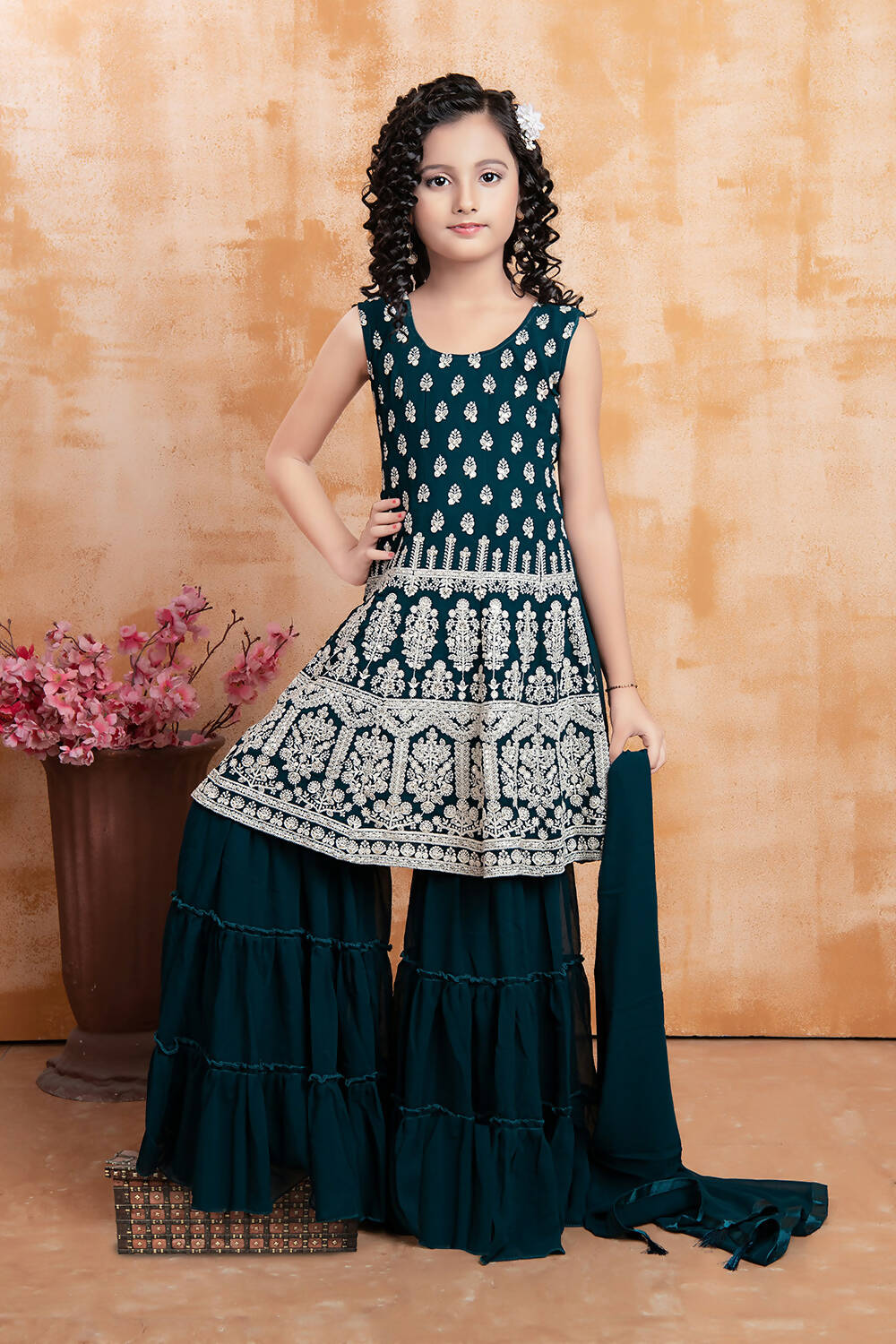 Kids Wedding Designer Rama Faux Georgette Fabric Sharara Suit - Aaradhna | Grocsy