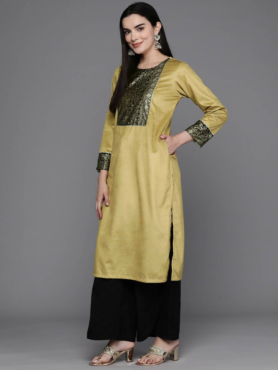 Ahalyaa Women Floral Yoke Design Gotta Patti Velvet Kurta - Mustard Color | Grocsy