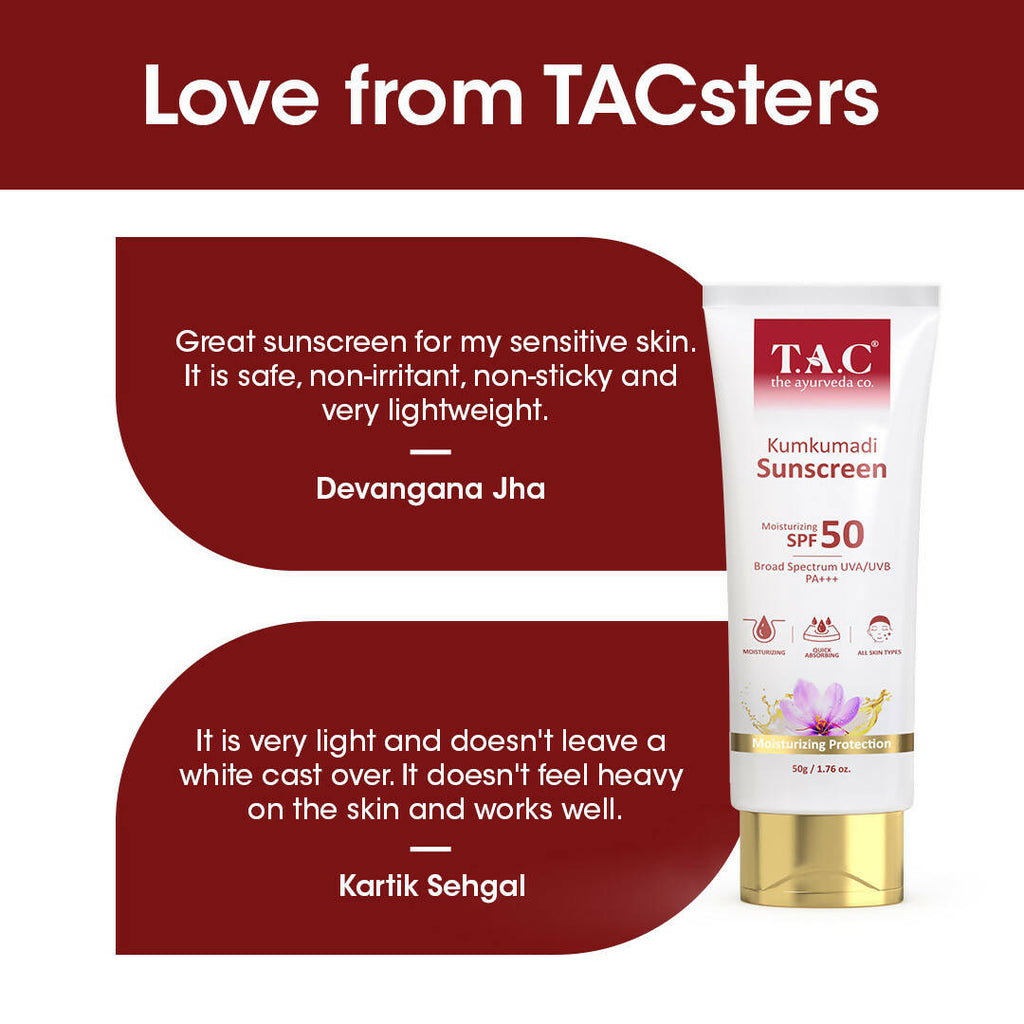 TAC - The Ayurveda Co. Kumkumadi Sunscreen Ultra Light SPF 50 with UVA/UVB PA+++ | Grocsy