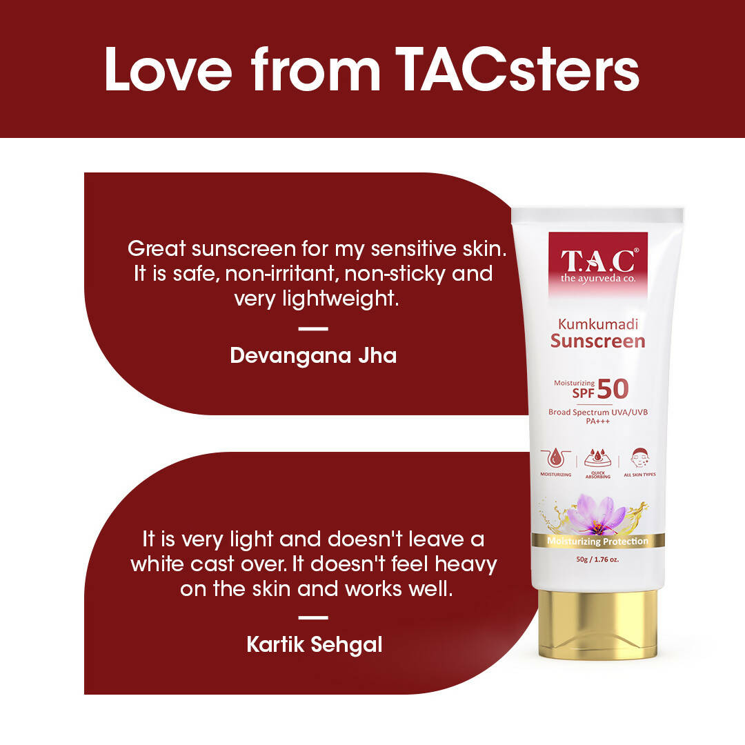 TAC - The Ayurveda Co. Kumkumadi Sunscreen Ultra Light SPF 50 with UVA/UVB PA+++ | Grocsy