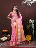 Lorenvalley Fashion Pink Cotton with Woven Design Zari Weaving Saree | Grocsy